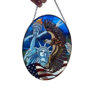 Hand Painted Amia Stained Glass Style Window Decor Sun Catcher USA Flag Liberty